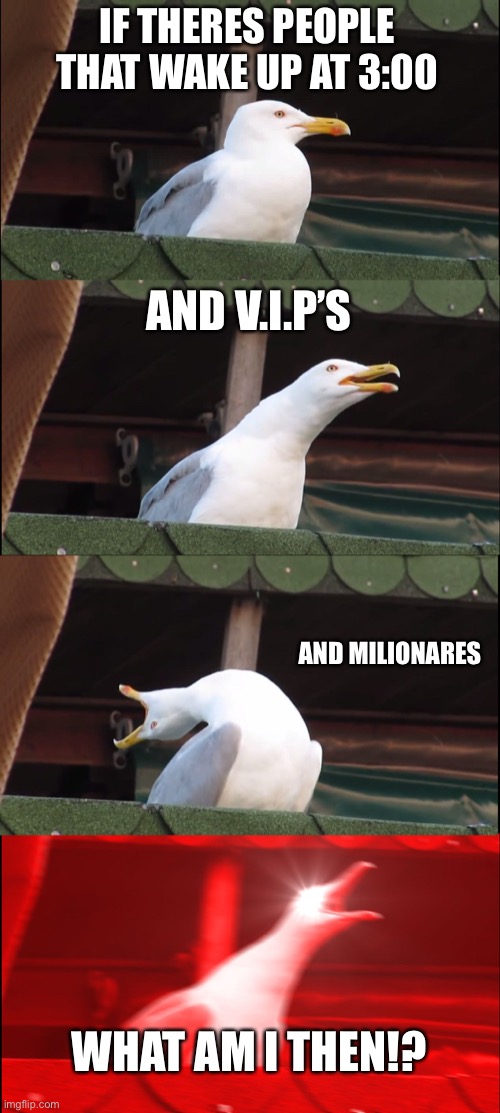 Inhaling Seagull | IF THERES PEOPLE THAT WAKE UP AT 3:00; AND V.I.P’S; AND MILIONARES; WHAT AM I THEN!? | image tagged in memes,inhaling seagull | made w/ Imgflip meme maker