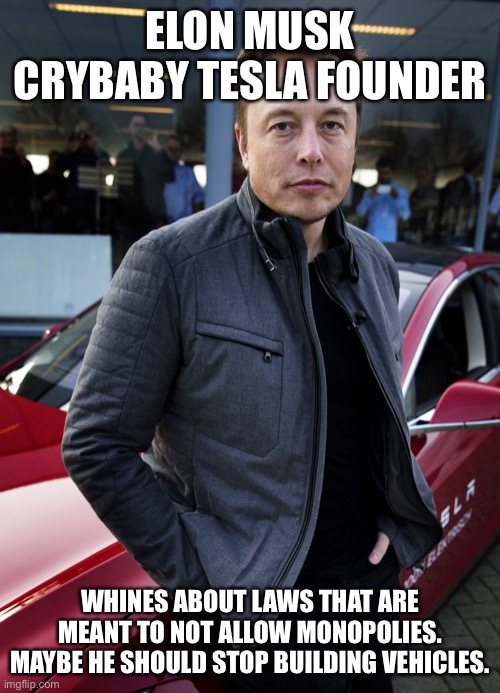 Elon Musk and Monopolies. Why such laws were created. | ELON MUSK CRYBABY TESLA FOUNDER; WHINES ABOUT LAWS THAT ARE MEANT TO NOT ALLOW MONOPOLIES. MAYBE HE SHOULD STOP BUILDING VEHICLES. | image tagged in elon musk,crybaby,tesla,morons,elon musk smoking a joint | made w/ Imgflip meme maker