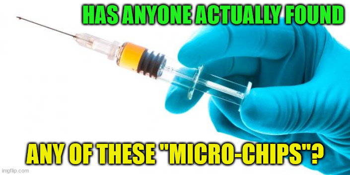 Syringe vaccine medicine | HAS ANYONE ACTUALLY FOUND; ANY OF THESE "MICRO-CHIPS"? | image tagged in syringe vaccine medicine | made w/ Imgflip meme maker
