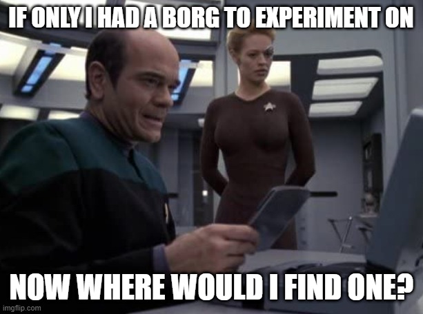 Test Subject |  IF ONLY I HAD A BORG TO EXPERIMENT ON; NOW WHERE WOULD I FIND ONE? | image tagged in seven of nine and the doctor star trek voyager | made w/ Imgflip meme maker