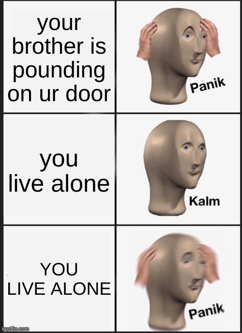 Panik Kalm Panik | your brother is pounding on ur door; you live alone; YOU LIVE ALONE | image tagged in memes,panik kalm panik | made w/ Imgflip meme maker