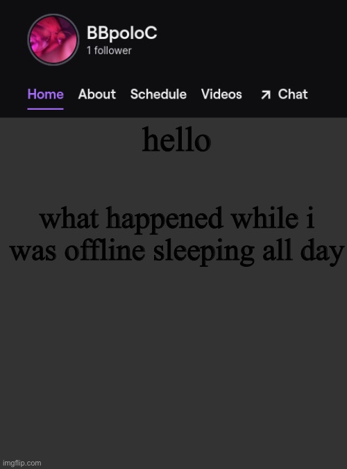 Twitch template | hello; what happened while i was offline sleeping all day | image tagged in twitch template | made w/ Imgflip meme maker