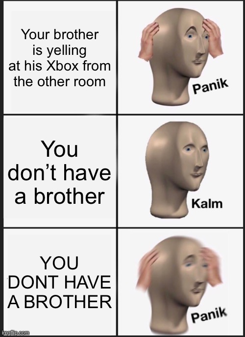 AHHHHHHHHHHHHHHHHHHHHHHHHHHHHHHHHHHHHHHHHHHHHHHHHH | Your brother is yelling at his Xbox from the other room; You don’t have a brother; YOU DONT HAVE A BROTHER | image tagged in memes,panik kalm panik,ahhhhhhhhhhhhh | made w/ Imgflip meme maker