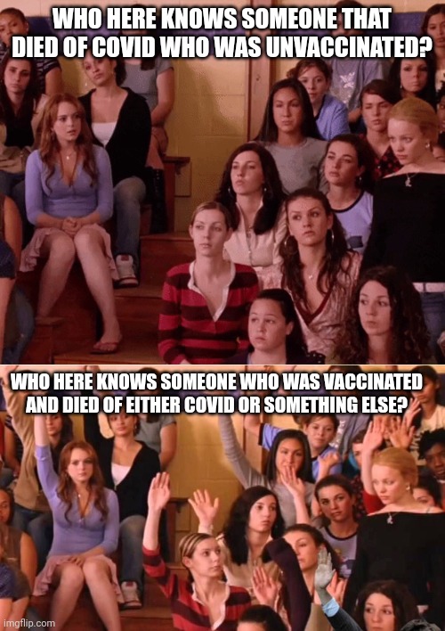 Oh just another 20 year old dropping dead today in my facebook feed. Massive stroke. I'm sure it's normal, right? |  WHO HERE KNOWS SOMEONE THAT DIED OF COVID WHO WAS UNVACCINATED? WHO HERE KNOWS SOMEONE WHO WAS VACCINATED AND DIED OF EITHER COVID OR SOMETHING ELSE? | image tagged in coronavirus,vaccines,death,conspiracy | made w/ Imgflip meme maker