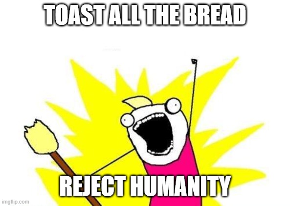 I like bread |  TOAST ALL THE BREAD; REJECT HUMANITY | image tagged in memes,x all the y,bread,toast,humanity | made w/ Imgflip meme maker