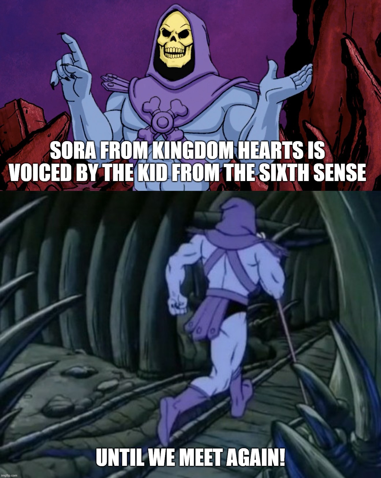 Skeletor until we meet again | SORA FROM KINGDOM HEARTS IS VOICED BY THE KID FROM THE SIXTH SENSE; UNTIL WE MEET AGAIN! | image tagged in skeletor until we meet again | made w/ Imgflip meme maker