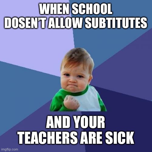 Success Kid | WHEN SCHOOL DOSEN’T ALLOW SUBTITUTES; AND YOUR TEACHERS ARE SICK | image tagged in memes,success kid | made w/ Imgflip meme maker