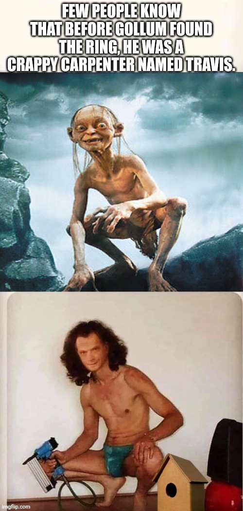 Fun Fact | FEW PEOPLE KNOW THAT BEFORE GOLLUM FOUND THE RING, HE WAS A CRAPPY CARPENTER NAMED TRAVIS. | image tagged in gollum,lord of the rings,funny,memes | made w/ Imgflip meme maker