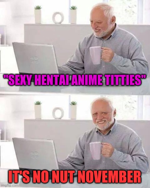No Nut November Special | "SEXY HENTAI ANIME TITTIES"; IT'S NO NUT NOVEMBER | image tagged in memes,hide the pain harold | made w/ Imgflip meme maker