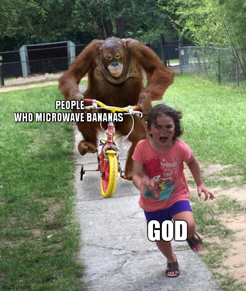 Orangutan chasing girl on a tricycle | PEOPLE WHO MICROWAVE BANANAS; GOD | image tagged in orangutan chasing girl on a tricycle | made w/ Imgflip meme maker