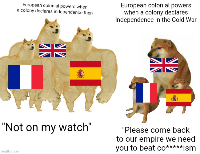 This is the best way to make a European angry | European colonial powers when a colony declares independence in the Cold War; European colonial powers when a colony declares independence then; "Not on my watch"; "Please come back to our empire we need you to beat co*****ism | image tagged in memes,buff doge vs cheems | made w/ Imgflip meme maker