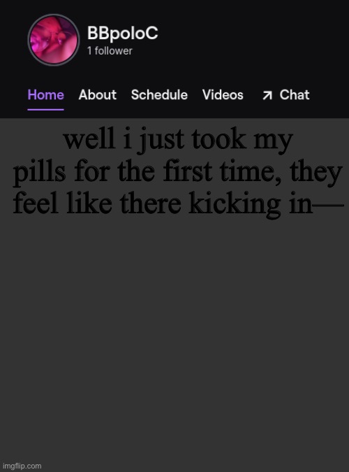 hole s h e t | well i just took my pills for the first time, they feel like there kicking in— | image tagged in twitch template | made w/ Imgflip meme maker