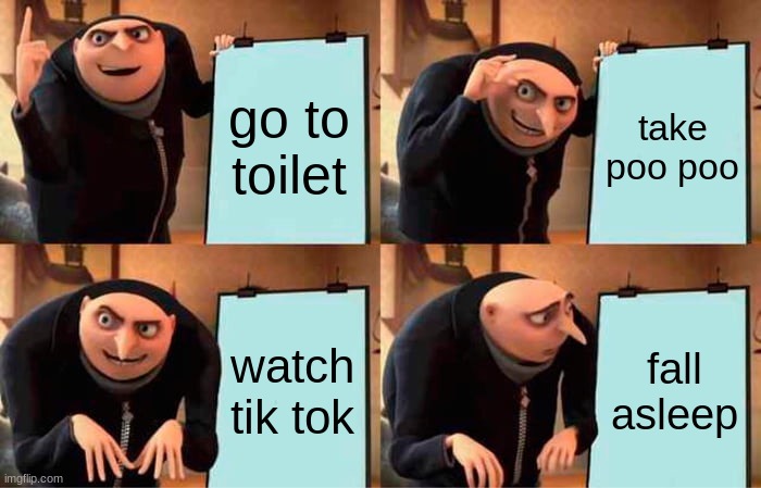 Gru's Plan Meme | go to toilet; take poo poo; watch tik tok; fall asleep | image tagged in memes,gru's plan | made w/ Imgflip meme maker