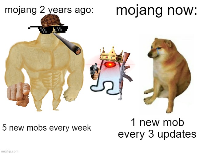 Buff Doge vs. Cheems | mojang now:; mojang 2 years ago:; 5 new mobs every week; 1 new mob every 3 updates | image tagged in memes,buff doge vs cheems | made w/ Imgflip meme maker