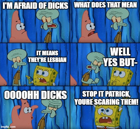 Stop it, Patrick! You're Scaring Him! | I'M AFRAID OF DICKS WHAT DOES THAT MEAN IT MEANS THEY'RE LESBIAN WELL YES BUT- OOOOHH DICKS STOP IT PATRICK, YOURE SCARING THEM! | image tagged in stop it patrick you're scaring him | made w/ Imgflip meme maker