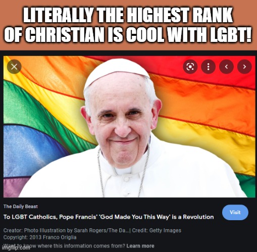 I'm guessing those haters were just Lvl. 1 Christians xD | LITERALLY THE HIGHEST RANK OF CHRISTIAN IS COOL WITH LGBT! | image tagged in the pope,memes,pope francis,lgbtq,christianity | made w/ Imgflip meme maker