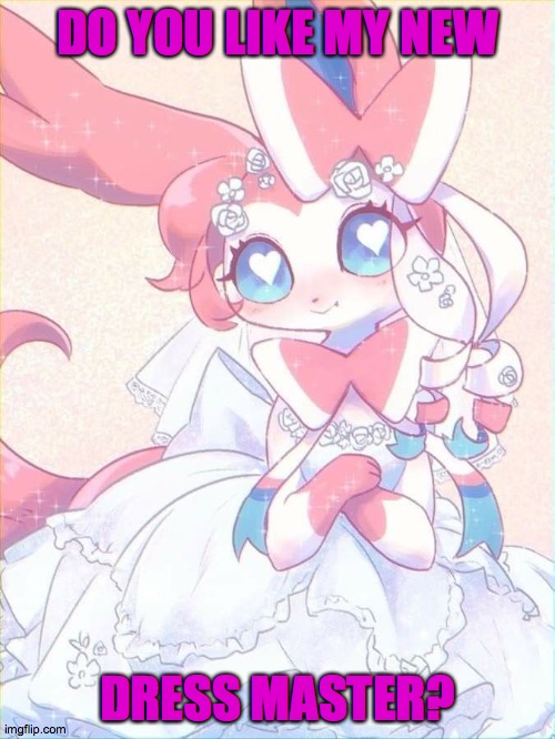 Sylveon in wedding dress | DO YOU LIKE MY NEW; DRESS MASTER? | image tagged in sylveon in wedding dress | made w/ Imgflip meme maker