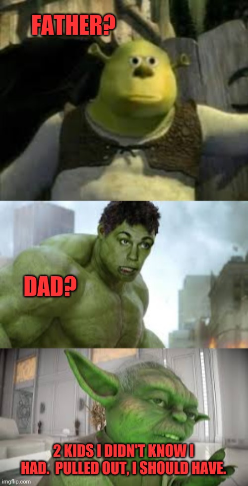 Yoda dad | FATHER? DAD? 2 KIDS I DIDN'T KNOW I HAD.  PULLED OUT, I SHOULD HAVE. | image tagged in shrek,hulk,yoda,father,daddy issues | made w/ Imgflip meme maker