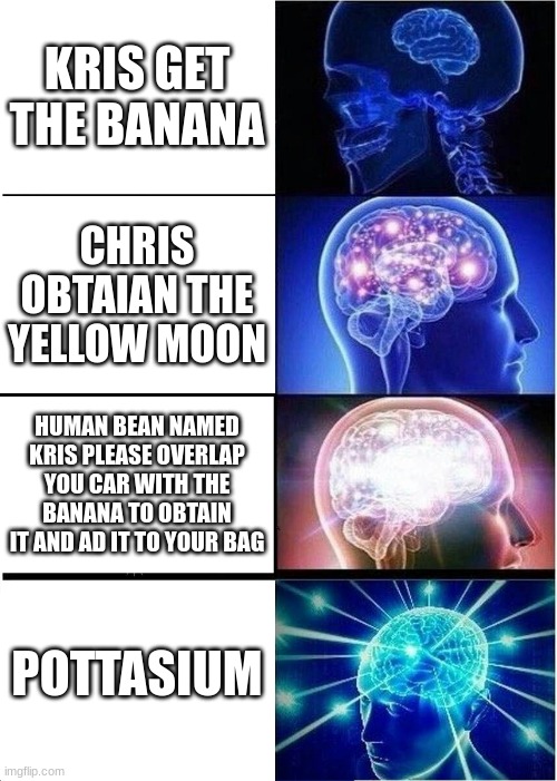 Kris, the banana, get it | KRIS GET THE BANANA; CHRIS OBTAIAN THE YELLOW MOON; HUMAN BEAN NAMED KRIS PLEASE OVERLAP YOU CAR WITH THE BANANA TO OBTAIN IT AND AD IT TO YOUR BAG; POTTASIUM | image tagged in memes,expanding brain | made w/ Imgflip meme maker