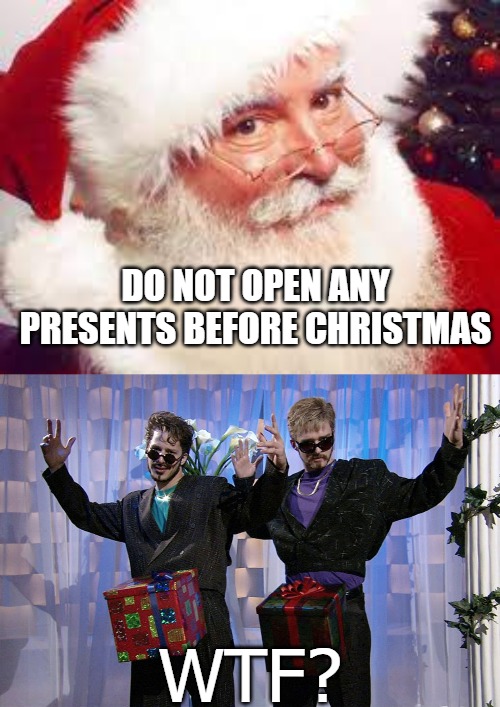 DO NOT OPEN ANY PRESENTS BEFORE CHRISTMAS; WTF? | image tagged in nn | made w/ Imgflip meme maker