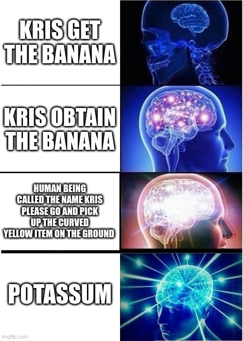 Expanding Brain | KRIS GET THE BANANA; KRIS OBTAIN THE BANANA; HUMAN BEING CALLED THE NAME KRIS PLEASE GO AND PICK UP THE CURVED YELLOW ITEM ON THE GROUND; POTASSUM | image tagged in memes,expanding brain | made w/ Imgflip meme maker