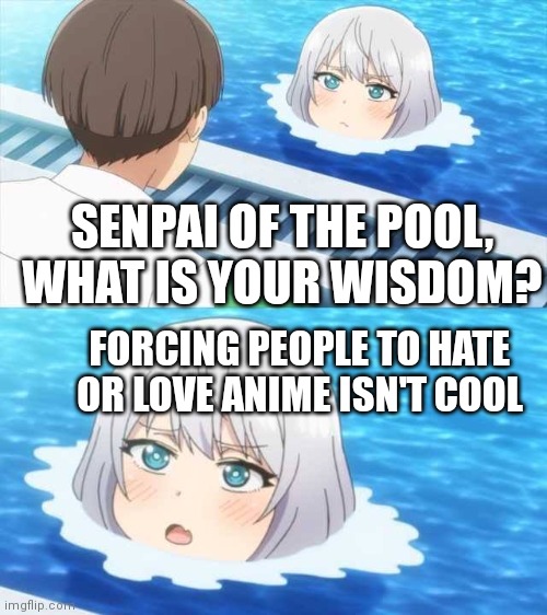 Senpai Of The Pool | SENPAI OF THE POOL, WHAT IS YOUR WISDOM? FORCING PEOPLE TO HATE OR LOVE ANIME ISN'T COOL | image tagged in senpai of the pool | made w/ Imgflip meme maker