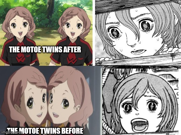 Blood c | THE MOTOE TWINS AFTER; THE MOTOE TWINS BEFORE | image tagged in anime | made w/ Imgflip meme maker