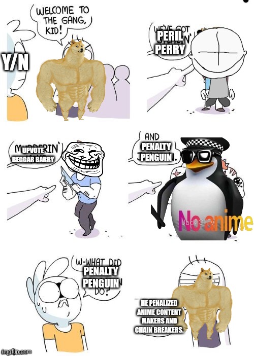 The Imgflip Violators. | PERIL PERRY; Y/N; PENALTY PENGUIN; UPVOTE BEGGAR BARRY; PENALTY PENGUIN; HE PENALIZED ANIME CONTENT MAKERS AND CHAIN BREAKERS. | image tagged in crimes johnson | made w/ Imgflip meme maker