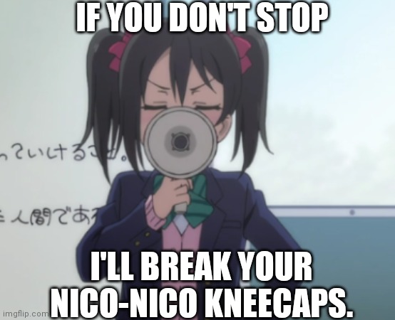 Anime girl yelling | IF YOU DON'T STOP; I'LL BREAK YOUR NICO-NICO KNEECAPS. | image tagged in anime girl yelling | made w/ Imgflip meme maker