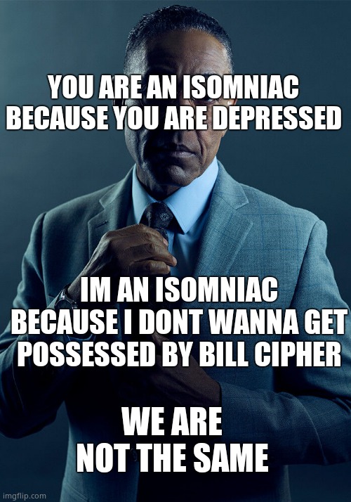 Gus Fring we are not the same | YOU ARE AN ISOMNIAC BECAUSE YOU ARE DEPRESSED; IM AN ISOMNIAC BECAUSE I DONT WANNA GET POSSESSED BY BILL CIPHER; WE ARE NOT THE SAME | image tagged in gus fring we are not the same | made w/ Imgflip meme maker