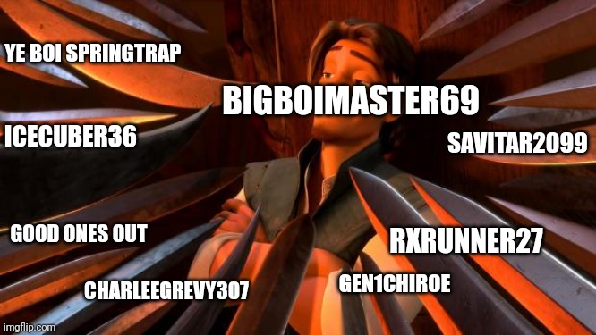 7 users vs Bigboimaster69 | YE BOI SPRINGTRAP; BIGBOIMASTER69; ICECUBER36; SAVITAR2099; GOOD ONES OUT; RXRUNNER27; CHARLEEGREVY307; GEN1CHIROE | image tagged in flynn rider swords | made w/ Imgflip meme maker