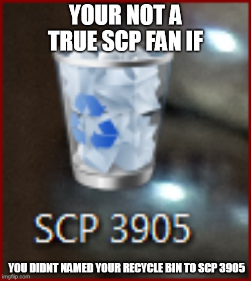 YOUR NOT A TRUE SCP FAN IF; YOU DIDNT NAMED YOUR RECYCLE BIN TO SCP 3905 | image tagged in garbage | made w/ Imgflip meme maker