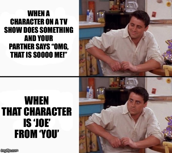 Comprehending Joey | WHEN A CHARACTER ON A TV SHOW DOES SOMETHING AND YOUR PARTNER SAYS “OMG, THAT IS SOOOO ME!”; WHEN THAT CHARACTER IS ‘JOE’ FROM ‘YOU’ | image tagged in comprehending joey | made w/ Imgflip meme maker