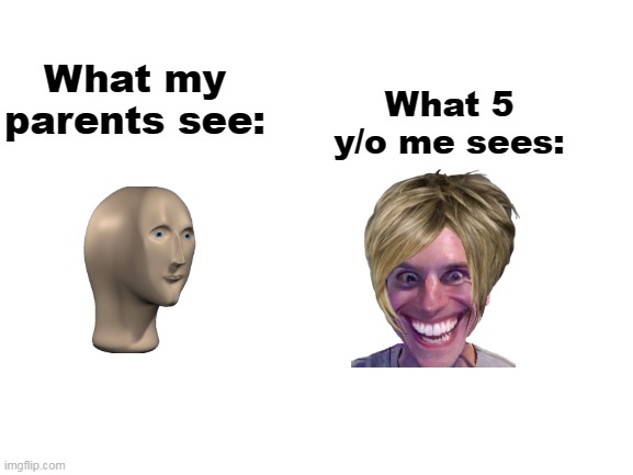 My parents or 5 year old me sees | What 5 y/o me sees:; What my parents see: | image tagged in blank white template,memes | made w/ Imgflip meme maker