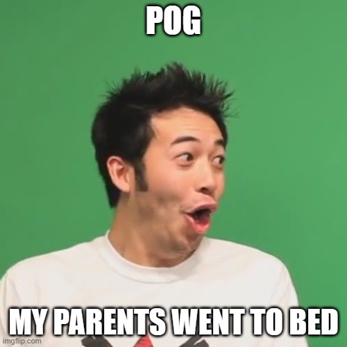 yes my dad is still here | POG; MY PARENTS WENT TO BED | image tagged in pogchamp | made w/ Imgflip meme maker