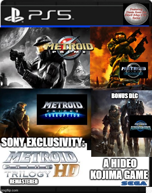 the new metroid prime HD remaster box | BONUS DLC; SONY EXCLUSIVITY:; A HIDEO KOJIMA GAME; REMASTERED | image tagged in blank ps5 case | made w/ Imgflip meme maker