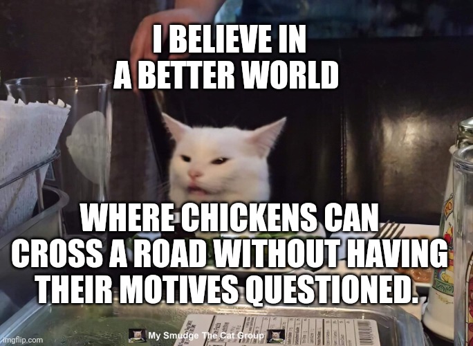 I BELIEVE IN A BETTER WORLD; WHERE CHICKENS CAN CROSS A ROAD WITHOUT HAVING THEIR MOTIVES QUESTIONED. | image tagged in smudge the cat | made w/ Imgflip meme maker