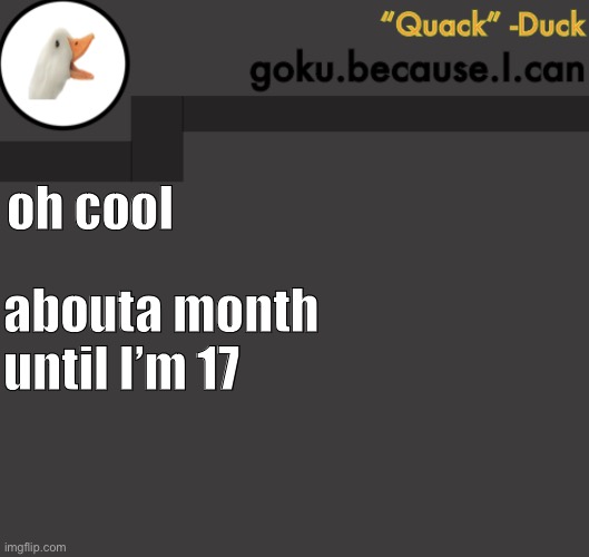 Goku Duck Temp | oh cool; abouta month until I’m 17 | image tagged in goku duck temp | made w/ Imgflip meme maker