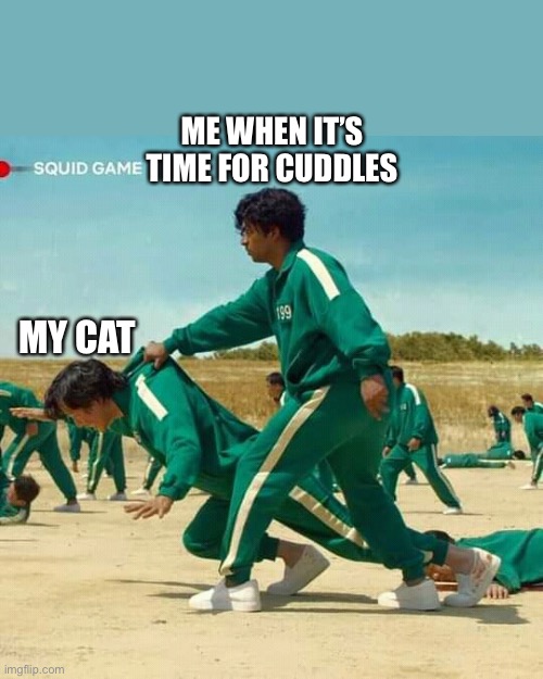 Squid Game | ME WHEN IT’S TIME FOR CUDDLES; MY CAT | image tagged in squid game | made w/ Imgflip meme maker