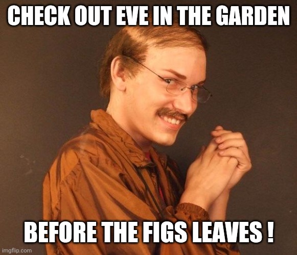Creepy guy | CHECK OUT EVE IN THE GARDEN BEFORE THE FIGS LEAVES ! | image tagged in creepy guy | made w/ Imgflip meme maker