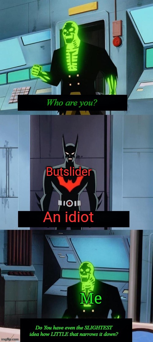 Do you have any idea how little that narrows it down? | Butslider Me An idiot | image tagged in do you have any idea how little that narrows it down | made w/ Imgflip meme maker