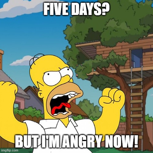 Homer at home | FIVE DAYS? BUT I'M ANGRY NOW! | image tagged in homer at home | made w/ Imgflip meme maker
