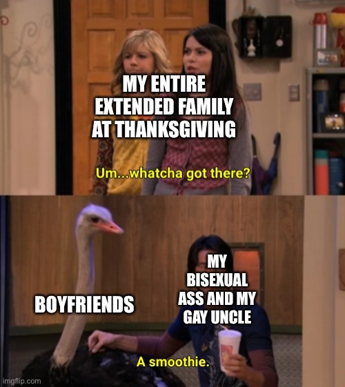 The funny thing my family is LDS | MY ENTIRE EXTENDED FAMILY AT THANKSGIVING; BOYFRIENDS; MY BISEXUAL ASS AND MY GAY UNCLE | image tagged in whatcha got there,lol | made w/ Imgflip meme maker