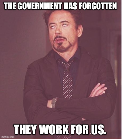 Face You Make Robert Downey Jr Meme | THE GOVERNMENT HAS FORGOTTEN THEY WORK FOR US. | image tagged in memes,face you make robert downey jr | made w/ Imgflip meme maker