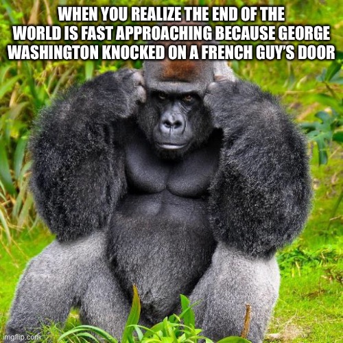 If he didn’t do that, USA= nonexistent. If USA=nonexistent then there’s no nukes. If there’s no nukes, then there’s no nuke thre | WHEN YOU REALIZE THE END OF THE WORLD IS FAST APPROACHING BECAUSE GEORGE WASHINGTON KNOCKED ON A FRENCH GUY’S DOOR | image tagged in gorilla headache | made w/ Imgflip meme maker