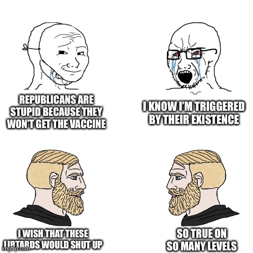 Wojak Attack Episode 1 | REPUBLICANS ARE STUPID BECAUSE THEY WON’T GET THE VACCINE; I KNOW I’M TRIGGERED BY THEIR EXISTENCE; I WISH THAT THESE LIBTARDS WOULD SHUT UP; SO TRUE ON SO MANY LEVELS | image tagged in crying wojak / i know chad meme,oh wow are you actually reading these tags | made w/ Imgflip meme maker