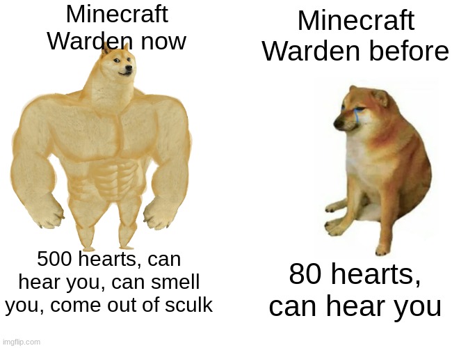 He harder now |  Minecraft Warden now; Minecraft Warden before; 500 hearts, can hear you, can smell you, come out of sculk; 80 hearts, can hear you | image tagged in memes,buff doge vs cheems | made w/ Imgflip meme maker