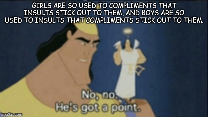 no no hes got a point | GIRLS ARE SO USED TO COMPLIMENTS THAT INSULTS STICK OUT TO THEM, AND BOYS ARE SO USED TO INSULTS THAT COMPLIMENTS STICK OUT TO THEM. | image tagged in no no hes got a point | made w/ Imgflip meme maker