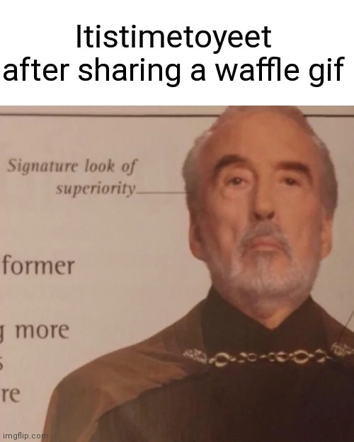 Signature Look of superiority | Itistimetoyeet after sharing a waffle gif | image tagged in signature look of superiority | made w/ Imgflip meme maker