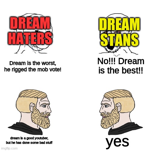dream is a decent youtuber, but he hs done some bad stuff |  DREAM HATERS; DREAM STANS; Dream is the worst, he rigged the mob vote! No!!! Dream is the best!! yes; dream is a good youtuber, but he has done some bad stuff | image tagged in crying wojak / i know chad meme,memes,dream | made w/ Imgflip meme maker